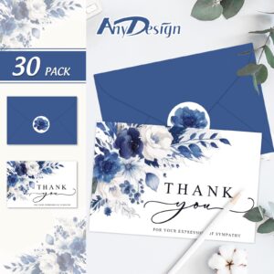 AnyDesign 30Pcs Floral Funeral Thank You Cards with Sticker Envelope, Watercolor Blue Flower Bereavement Card with Message for Memorial Service Loved Ones Celebration of Life