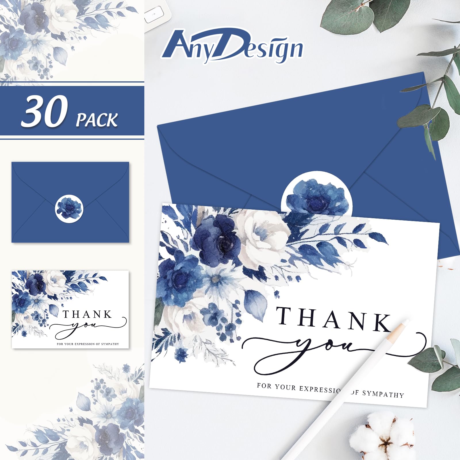 AnyDesign 30Pcs Floral Funeral Thank You Cards with Sticker Envelope, Watercolor Blue Flower Bereavement Card with Message for Memorial Service Loved Ones Celebration of Life