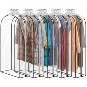 jumbo filter 5 pack 60" all clear garment bags for hanging clothes storage, 10" gusseted large capacity garment rack cover, large hanging clothing bag for dress gowns, coats, suit, down jacket