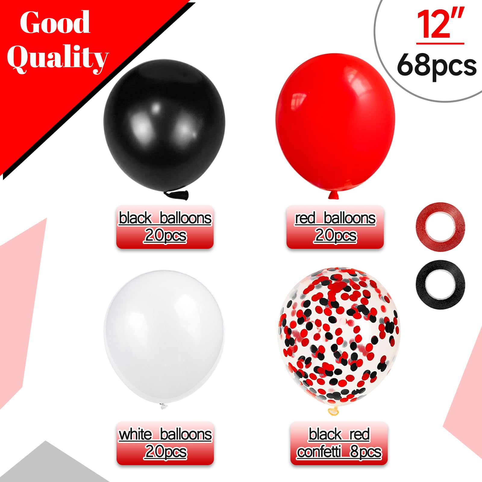 68Pcs Red Black White Latex Balloons 12 Inch with Black Red Confetti Balloons for Birthday, Wedding, Baby Shower, Graduation Poker Card Party.