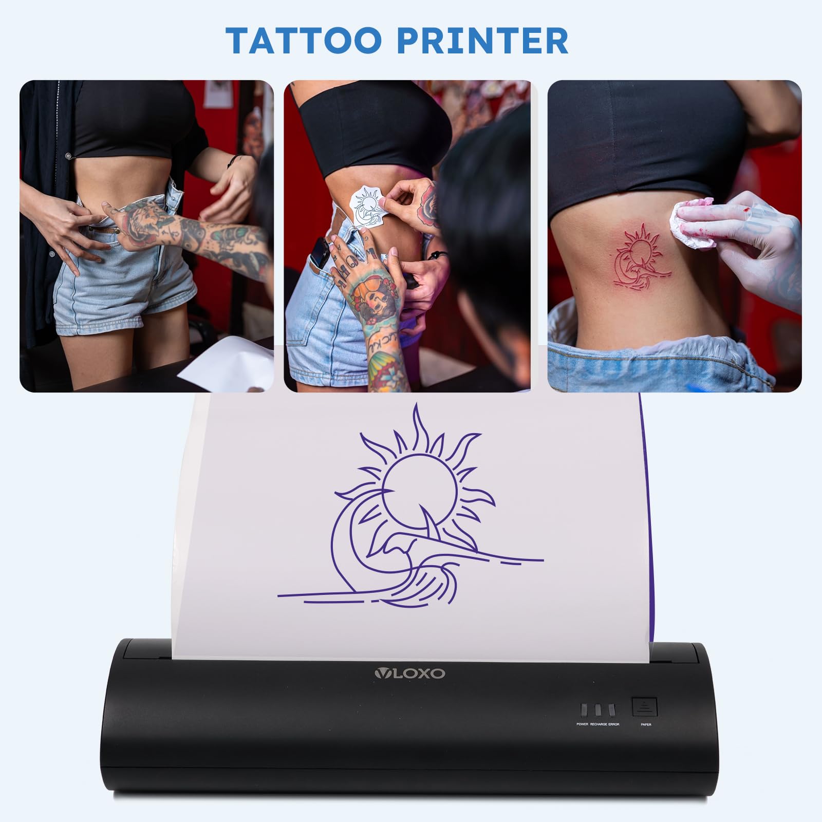 VLOXO Portable Printer, Cordless Thermal Printer Mini Inkless Printer Compatible with Phone & PC Tattoo Stencil Printer for Travel, Home, Office, with Thermal Paper and 10pcs Transfer Paper