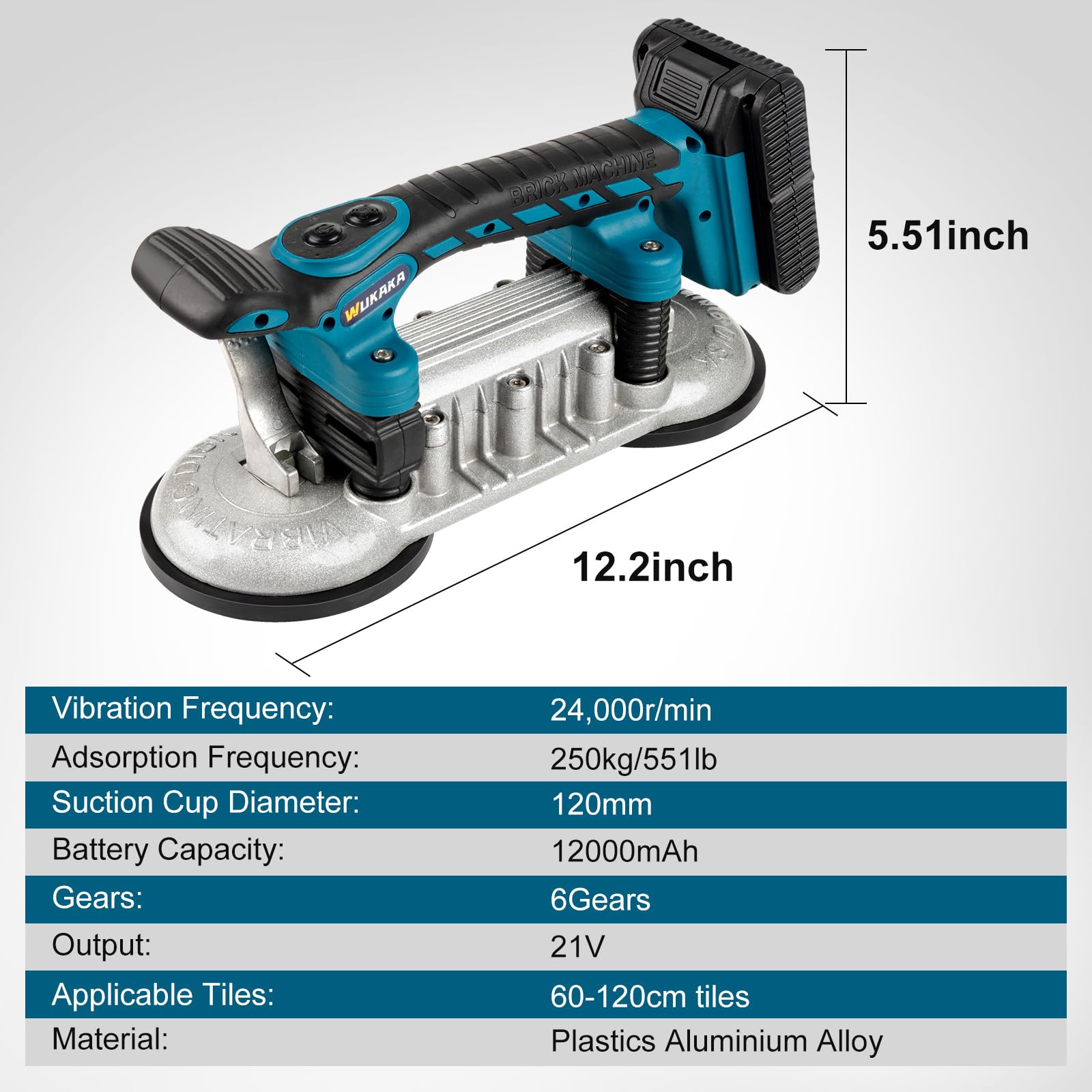 WUKAKA Tile Vibration Tool - High Performance Dual Suction Cup Tile Vibrator Machine. (2 x 12000mAh Battery, 24000r/min 6 Speed)