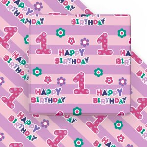 wrapaholic 1st birthday wrapping paper sheet - 6 sheets pink happy birthday with floral design folded flat for birthday, party, baby showers - 19.7 inch x 27.5 inch per sheet