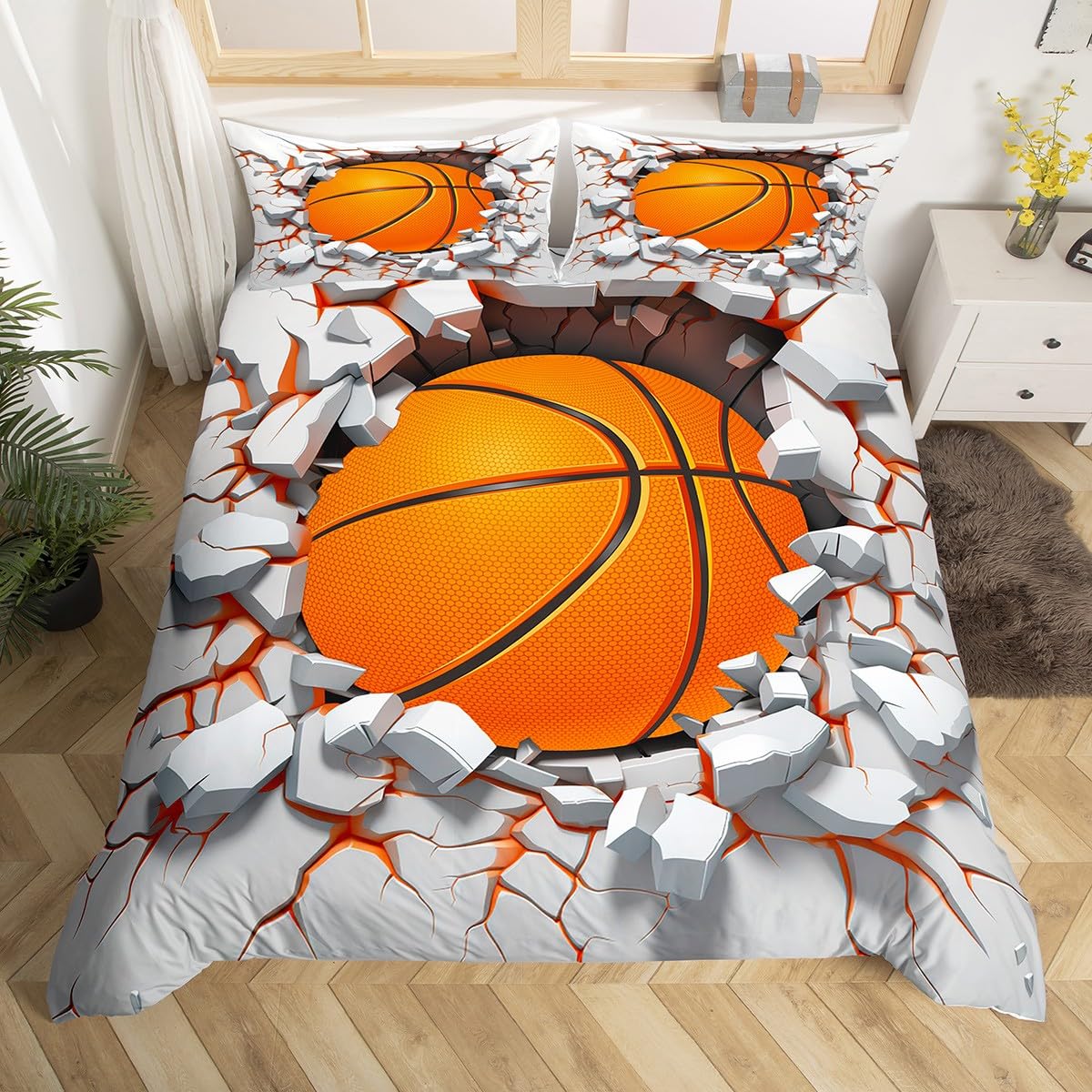 Erosebridal Boys Basketball Comforter Cover for Kids Teen Sports Bed Set, Ball Game Duvet Cover Full Size White Grey Orange Bedding Sets, Abstract Block Bedspread Cover 3pcs with 2 Pillow Case