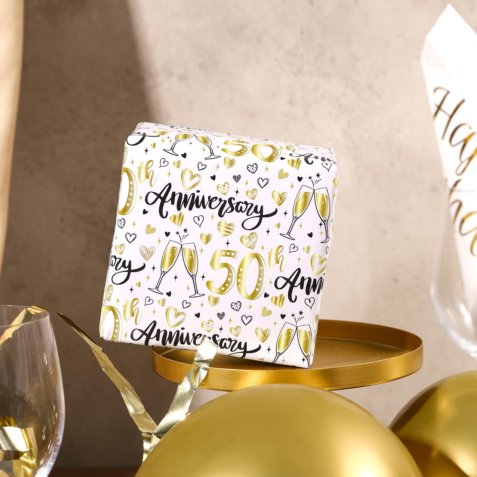 WRAPAHOLIC Wrapping Paper Sheet - 6 Sheets Gold 50th Anniversary Design Folded Flat for Birthday, Party, Baby Showers - 19.7 Inch X 27.5 Inch Per Sheet