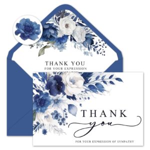 anydesign 30pcs floral funeral thank you cards with sticker envelope, watercolor blue flower bereavement card with message for memorial service loved ones celebration of life