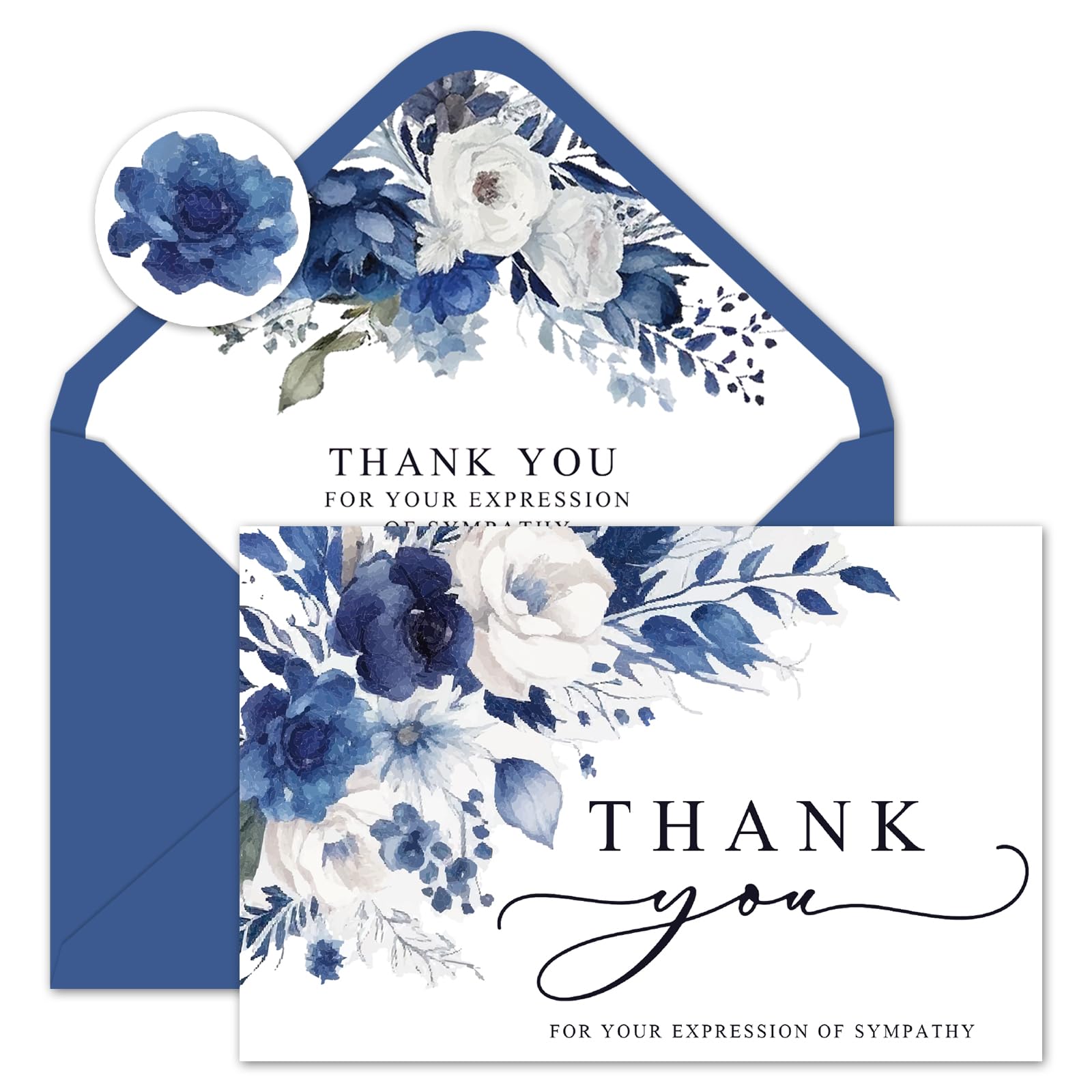 AnyDesign 30Pcs Floral Funeral Thank You Cards with Sticker Envelope, Watercolor Blue Flower Bereavement Card with Message for Memorial Service Loved Ones Celebration of Life