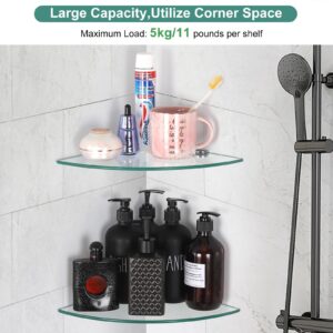 Glass Corner Shower Shelves, Tempered Floating Glass Shelves Wall Mount, Glass Shelf for Bathroom, Shower Caddy Organizer with Zinc Alloy Brackets for Bathroom, Kitchen, Living Room 9.8" x 9.8" 2 Pack