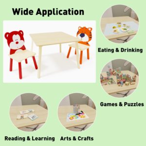 3 Piece Wood Table & Chair Set for Age 2-6 Boy Girl, Wood Activity Table Drawing Play Table Set w/ 2 Animals Chairs for Home, Nursery, Kindergarten, Age 2-6 Boy Girl Activity Table Chair 3 Pieces Set