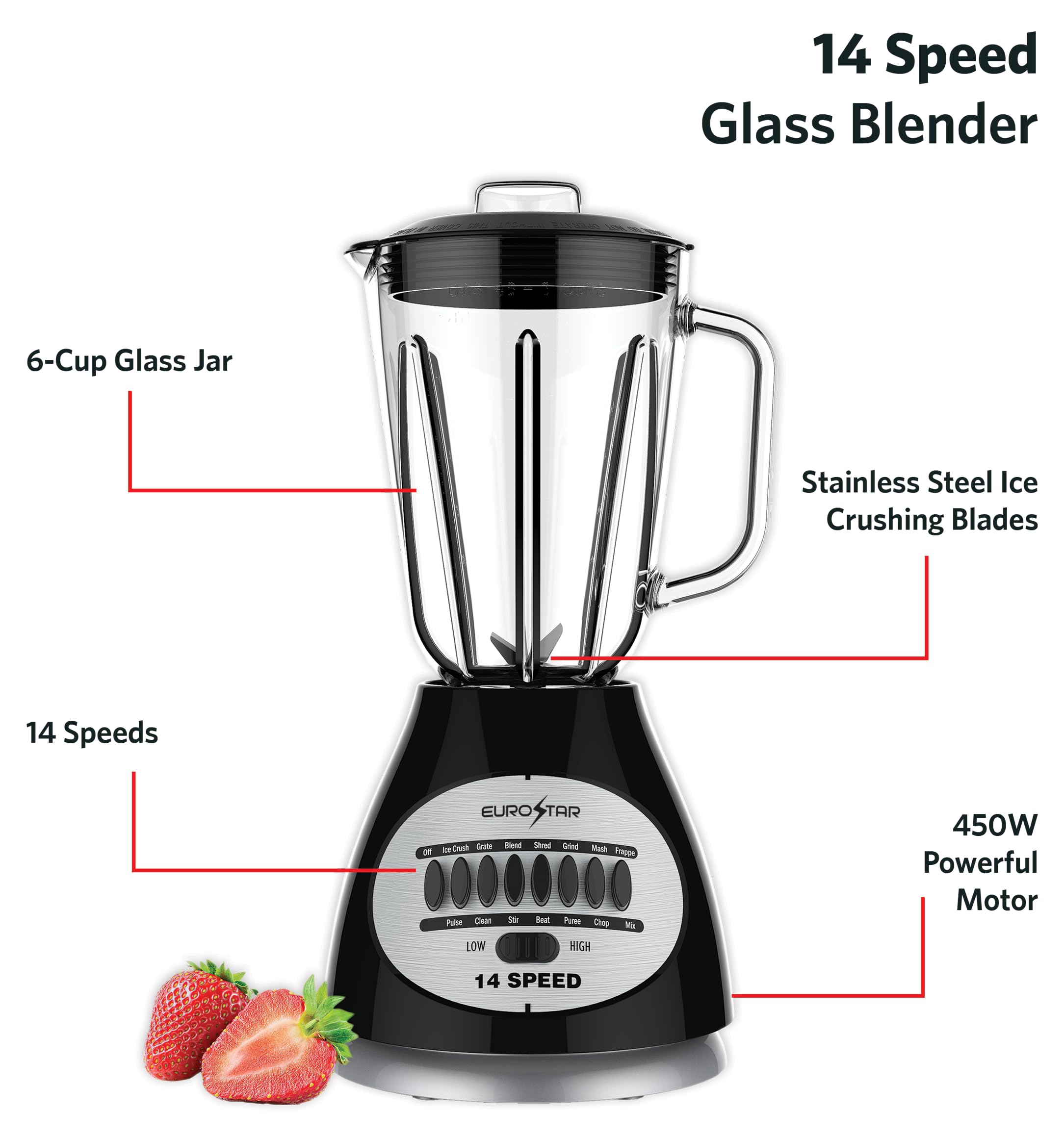 EUROSTAR 450W 14-Speed Glass Jar Blender (BLACK)