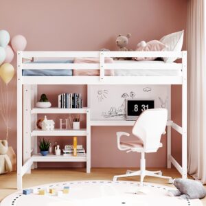 full size loft bed with desk and storage,wood loft beds,for girls boys teens adults,no box spring needed（white）