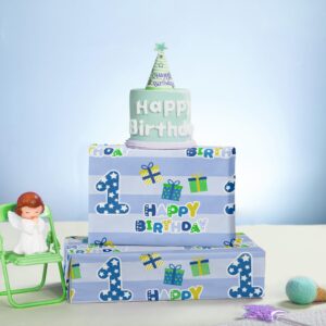 WRAPAHOLIC 1st Birthday Wrapping Paper Sheet - 6 Sheets Blue Happy Birthday with Gift Box Design Folded Flat for Birthday, Party, Baby Showers - 19.7 Inch X 27.5 Inch Per Sheet