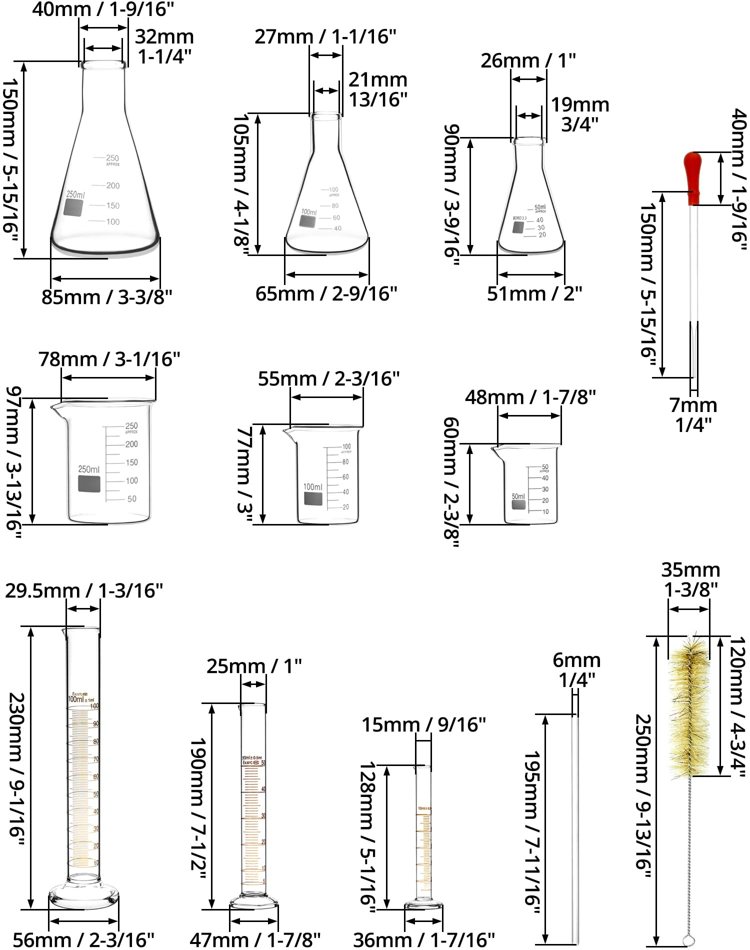 QWORK Lab Glassware Set, Quality Borosilicate Glass Beaker Flask Cylinder Set, Heat Resistant, Ideal for Laboratories and School Science Experiments