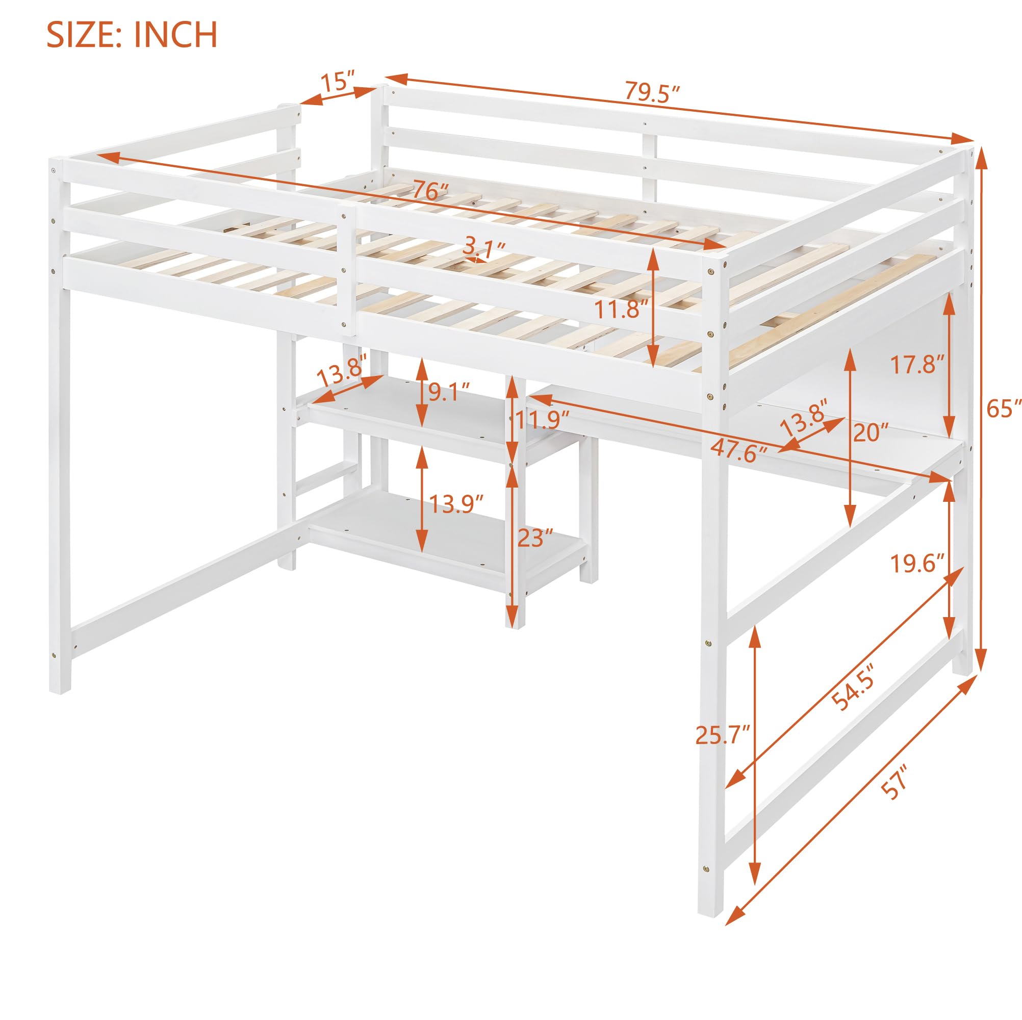 Full Size Loft Bed with Desk and Storage,Wood loft beds,for Girls Boys Teens Adults,No Box Spring Needed（White）