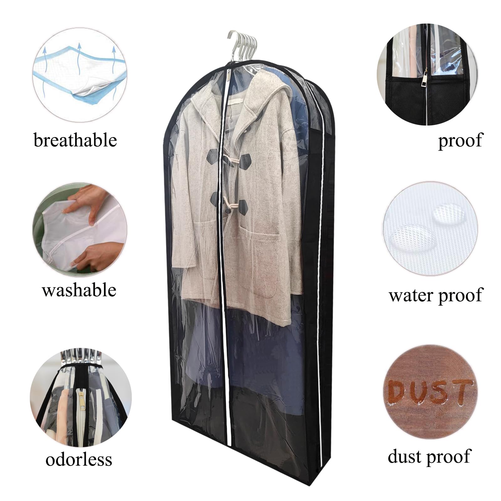 Dress Bags for Gowns Long with 6.3" Gusset, 50" Clear Moth Proof Garment Bags for Hanging Clothes, Dresses Covers and Side Zipper Protector for Storage, Overcoat, Trousers, Sweater, 3 Packs