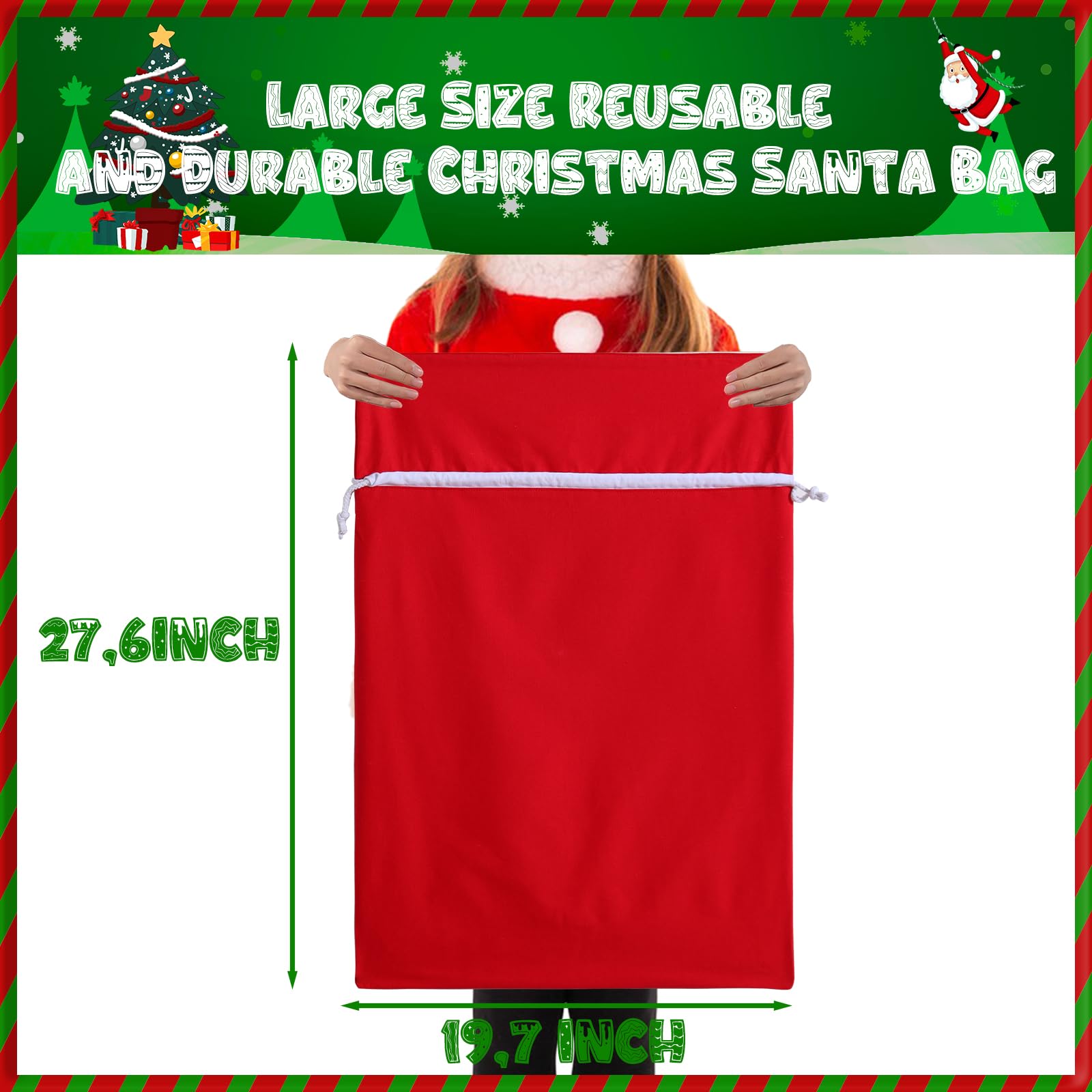 DYSHAYEN Santa Sack Christmas Gift Bag 19.7 X 27.6 Inch Large Canvas Christmas Santa Claus Bag for Xmas Party Supplies Favors (Red)