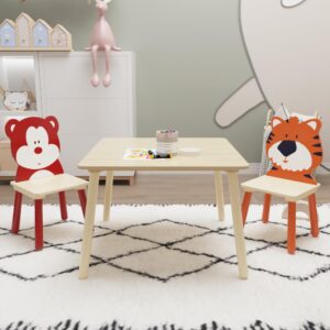 3 piece wood table & chair set for age 2-6 boy girl, wood activity table drawing play table set w/ 2 animals chairs for home, nursery, kindergarten, age 2-6 boy girl activity table chair 3 pieces set