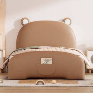 cute twin size pu leather upholstered platform bed with bear-shaped headboard and footboard for kids boys girls (twin, brown+white@bear-shaped)