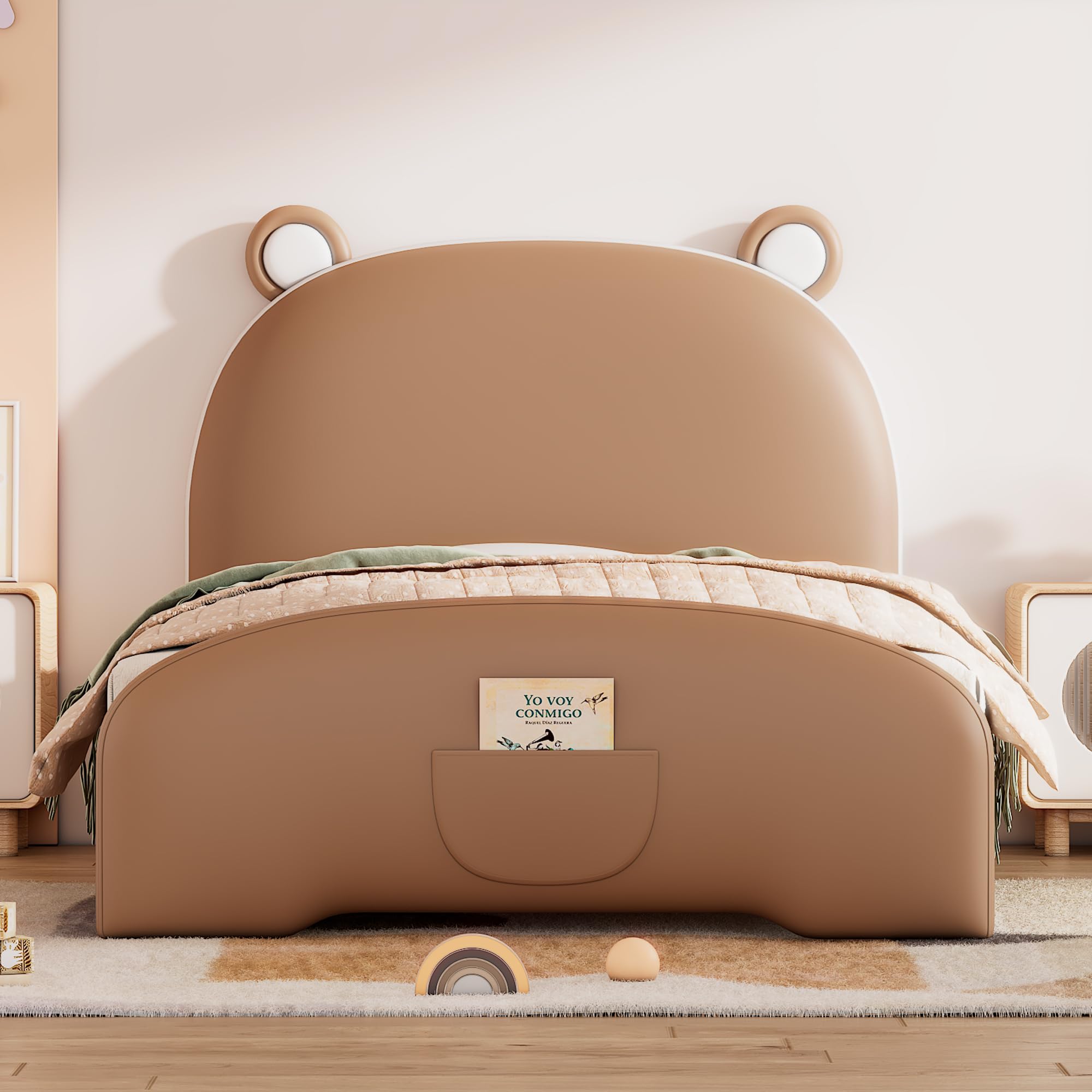 Cute Twin Size PU Leather Upholstered Platform Bed with Bear-Shaped Headboard and Footboard for Kids Boys Girls (Twin, Brown+White@Bear-Shaped)