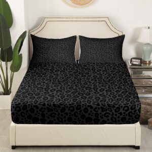 Castle Fairy Leopard Print Fitted Sheet Set Full Size 4 Pcs,Gray Wild Animal Skin Teens Sheets,African Cheetah Wildlife Bedding Sets (1 Fitted,1 Flat,2 Pillowcases) Luxury Deep Pocket Bed Sheets