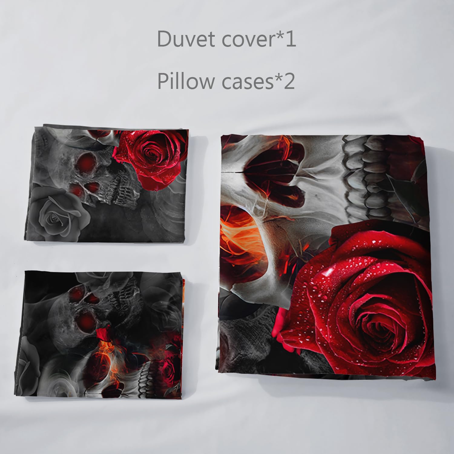 AILONEN Sugar Skull Duvet Cover Set King Size, Red Rose Skull Comforter Cover Set,Halloween Bedding Set,3PCS Smoke Fog Luxurious Horror Nature Grey Black Breathable Quilt Cover and 2 Pillowcases