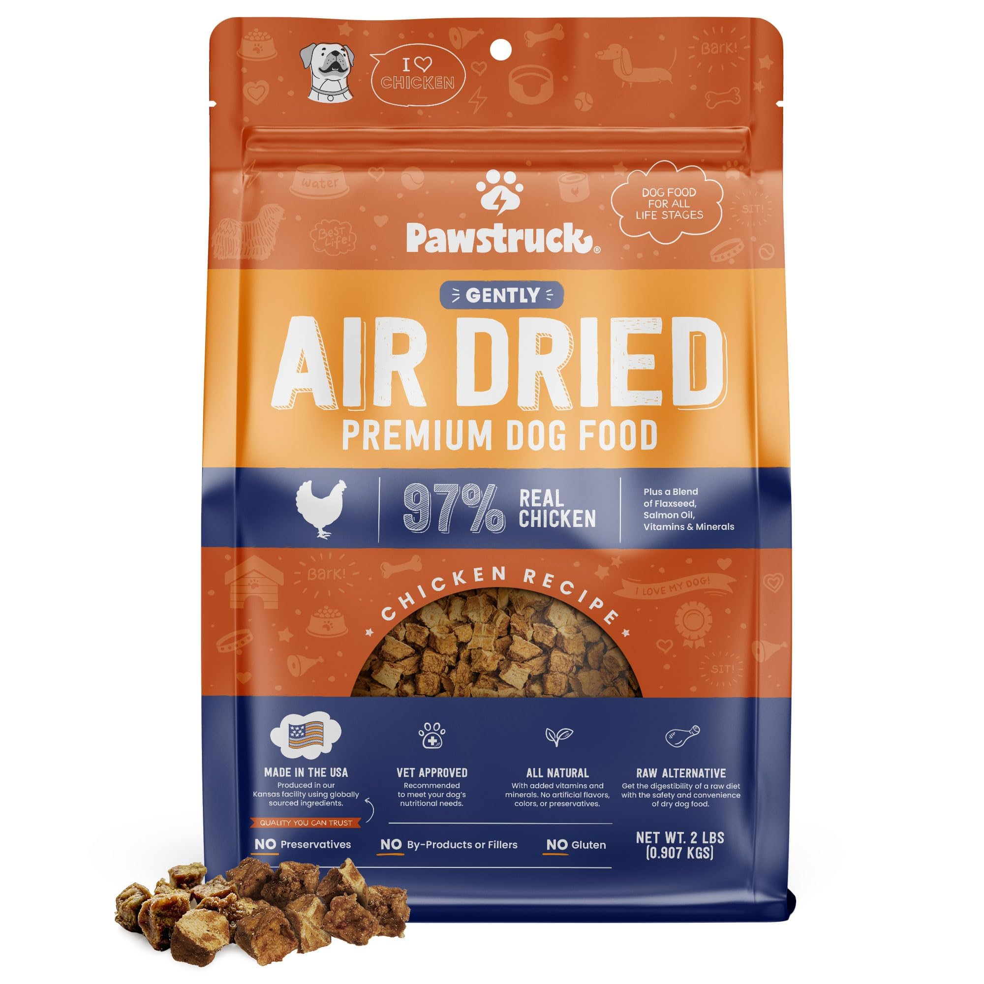 Pawstruck All Natural Air Dried Dog Food w/Real Chicken - Grain Free, Made in USA, Non-GMO & Vet Recommended - High Protein Limited Ingredient Wholesome Full-Feed - for All Breeds & Ages - 2lb Bag