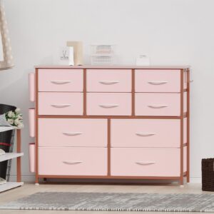 10 Drawers Fabric Dresser Storage Drawers, Tall Dresser with Sturdy Frame&Wooden Top, Organizer Unit for Closet, Living Room, Entryway, Hallway, Pink