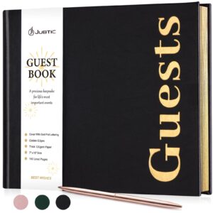 jubtic guest book: premuim keepsake for life's special events - sign in book for wedding reception, baby shower, funeral and birthday party - 100 pages, leather's cover, gold foil (black, 7" x10″)