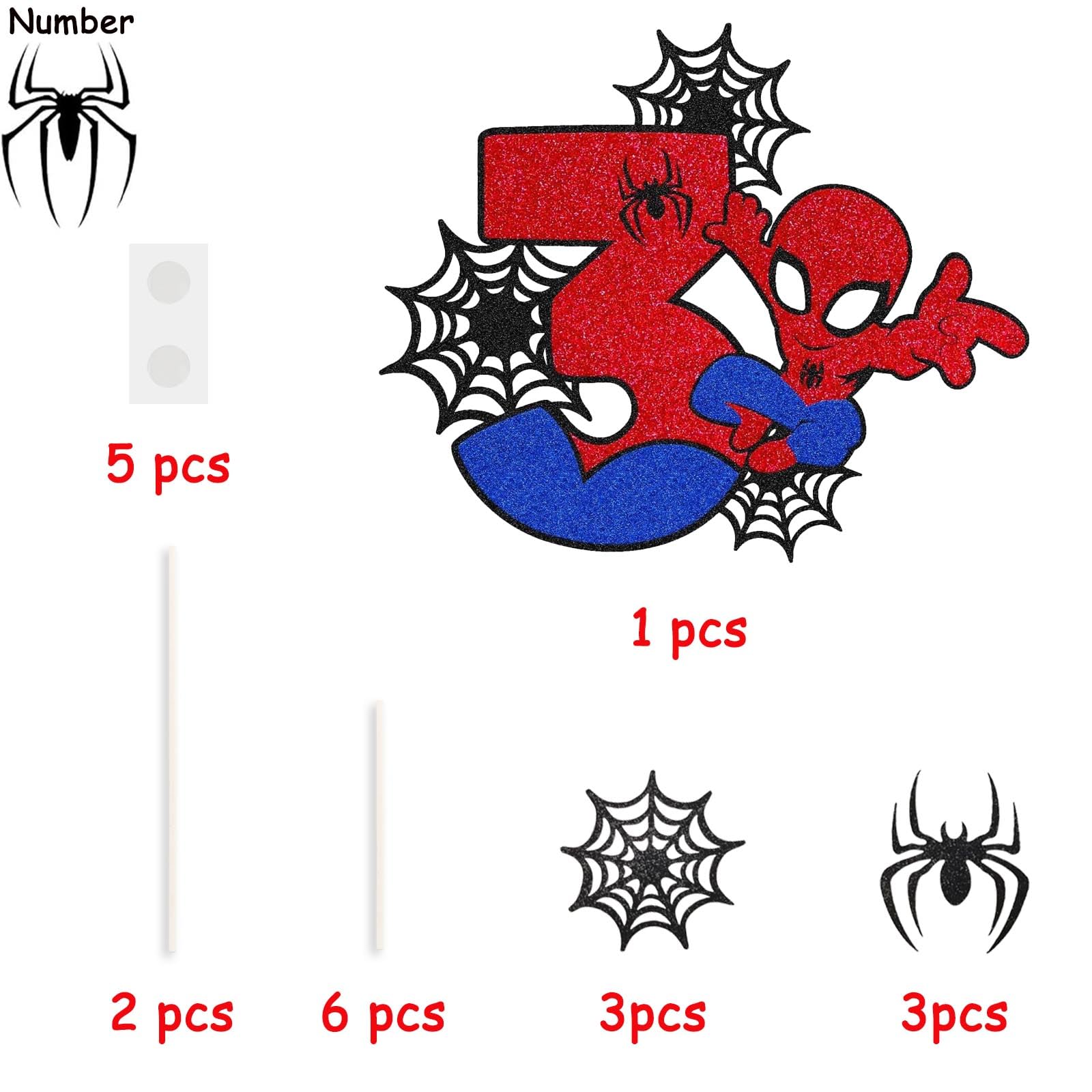 7 Pcs Cake Toppers, Cartoon Heroes Spider Pattern Birthday Cake Toppers, Personalised 3rd Birthday Cake Topper, Double Sided Glitter Cupcake Topper Birthday Party Decorations for Boys Children Kids