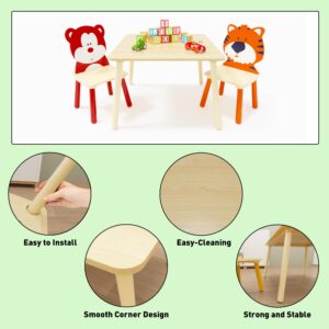 3 Piece Wood Table & Chair Set for Age 2-6 Boy Girl, Wood Activity Table Drawing Play Table Set w/ 2 Animals Chairs for Home, Nursery, Kindergarten, Age 2-6 Boy Girl Activity Table Chair 3 Pieces Set