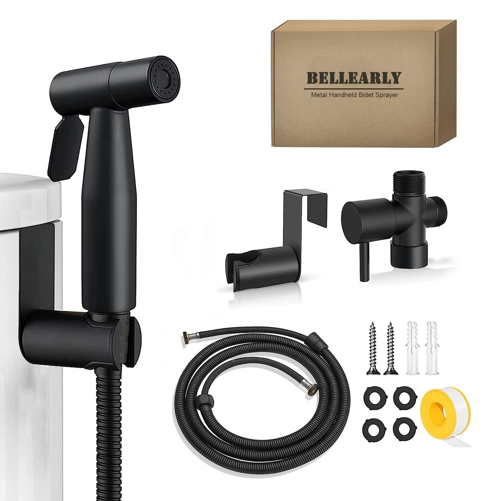 Handheld Bidet Sprayer for Toilet, Stainless Steel Jet Spray Kit for Baby Diaper Cloth and Feminine Wash, Adjustable Water Pressure Control, Easy to Install, Black, BELLEARLY