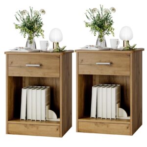 fotosok nightstand set of 2, 2-tier side table with drawer and storage shelf, bedside table end table, modern night stand for bedroom, home office,wooden grain