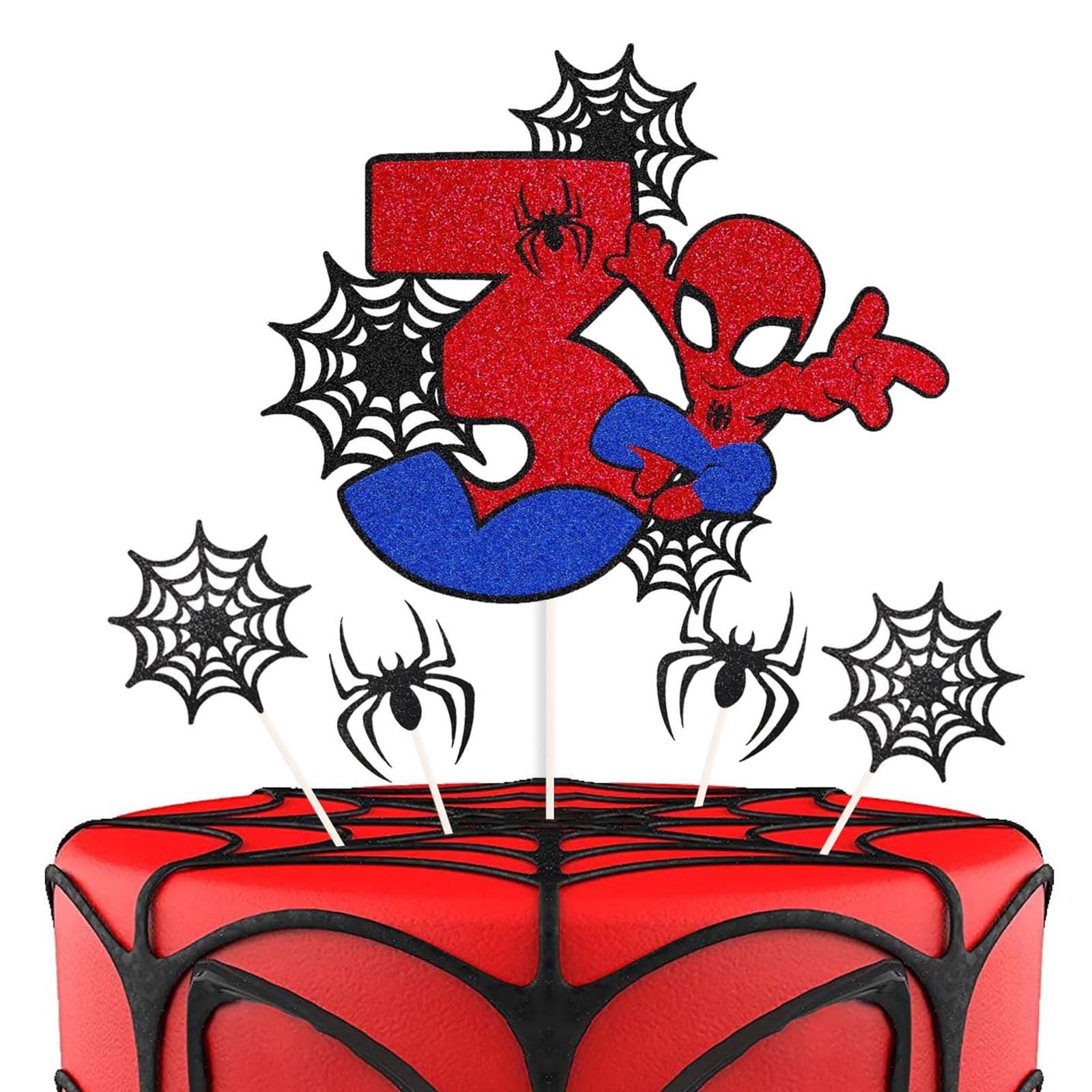 7 Pcs Cake Toppers, Cartoon Heroes Spider Pattern Birthday Cake Toppers, Personalised 3rd Birthday Cake Topper, Double Sided Glitter Cupcake Topper Birthday Party Decorations for Boys Children Kids