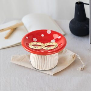 dgudgu Mushroom Ring Holder Jewelry Tray Red Ring Dish Ceramic Trinket Storage Jar Mini Engagement Ring Holder