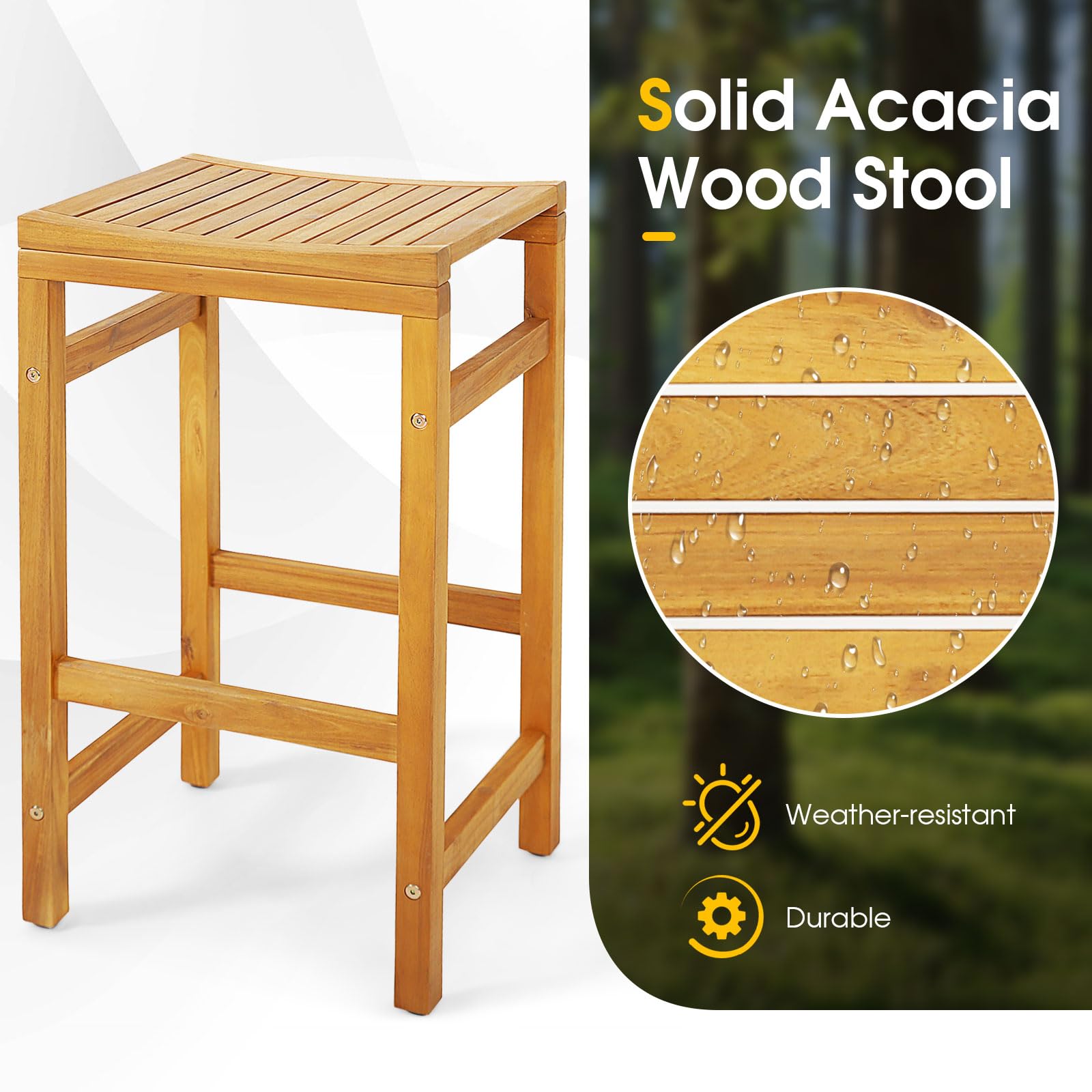 Tangkula Acacia Wood Bar Stool Set of 4, 30-Inch Height Bar Chair with Saddle Shaped Seat & Sturdy Footrest, Patio Furniture Chair Set, with 400 LBS Capacity, for Porch, Poolside, Balcony (4)