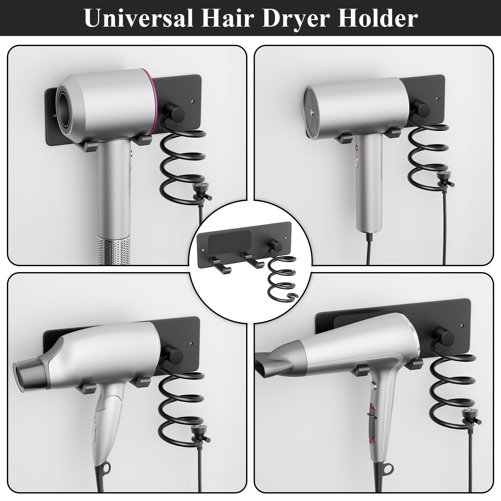 Tindbea Hair Dryer Holder + Curling Iron Holder, Matte Black Blow Dryer Holder Wall Mount, Bathroom Hair Tool Organizer Rack for Universal Dryer