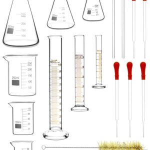 QWORK Lab Glassware Set, Quality Borosilicate Glass Beaker Flask Cylinder Set, Heat Resistant, Ideal for Laboratories and School Science Experiments