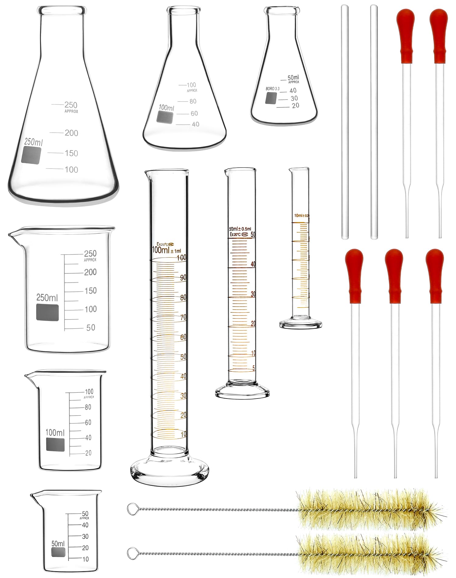 QWORK Lab Glassware Set, Quality Borosilicate Glass Beaker Flask Cylinder Set, Heat Resistant, Ideal for Laboratories and School Science Experiments