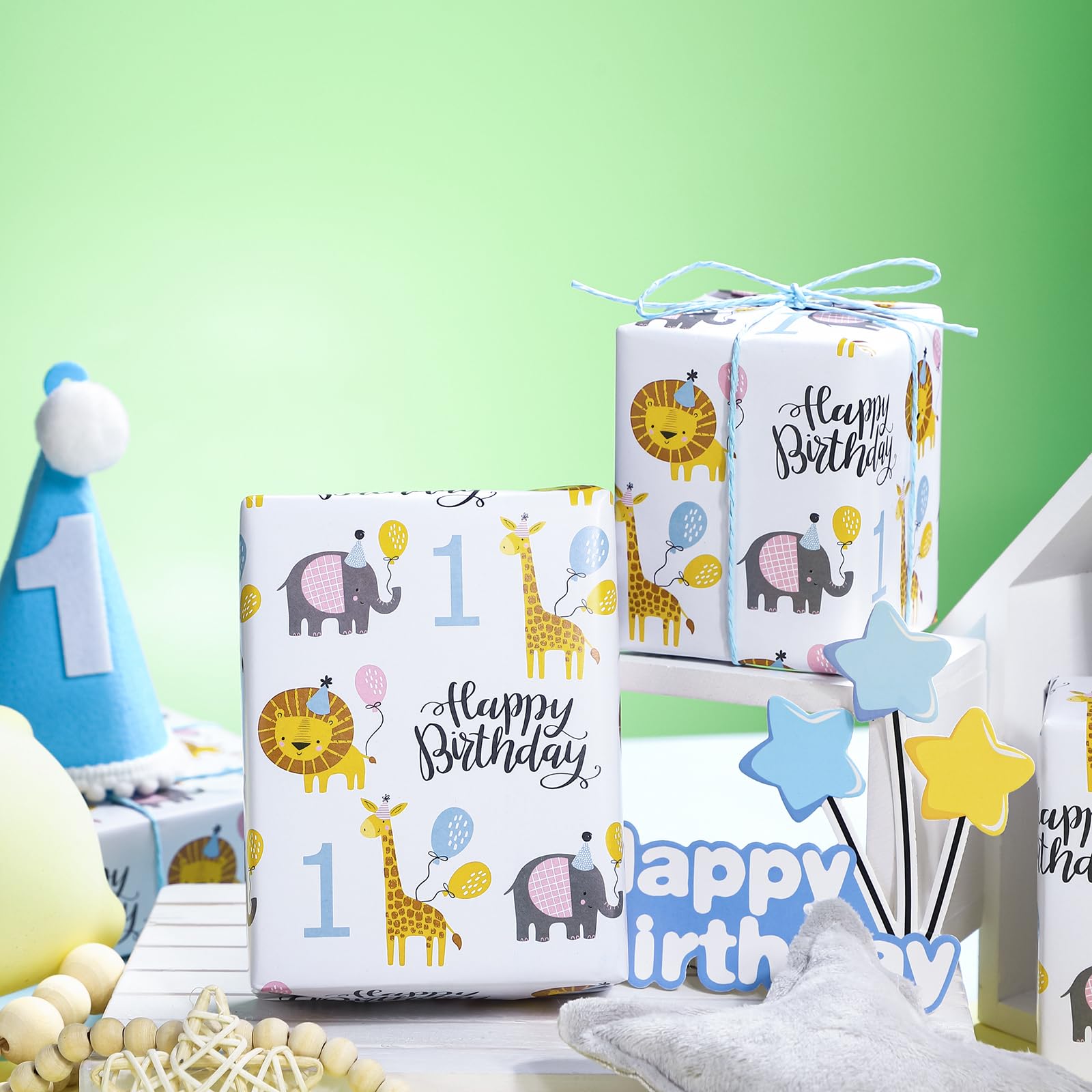 WRAPAHOLIC 1st Birthday Wrapping Paper Sheet - 6 Sheets Cute Animal Design Folded Flat for Birthday, Party, Baby Showers - 19.7 Inch X 27.5 Inch Per Sheet