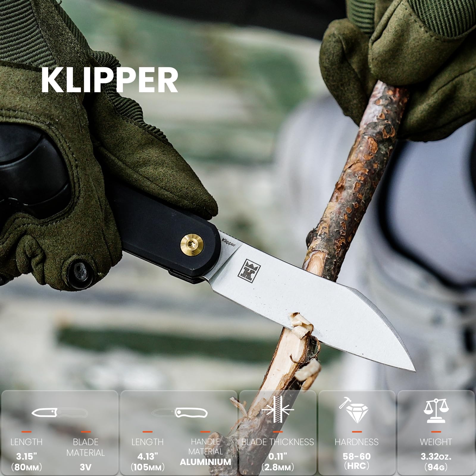 Kizer Klipper EDC Knife 3.15 In 3V Steel Blade, Black Aluminum Handle Pocket Knife with Front Flipper Opener, V3580C1