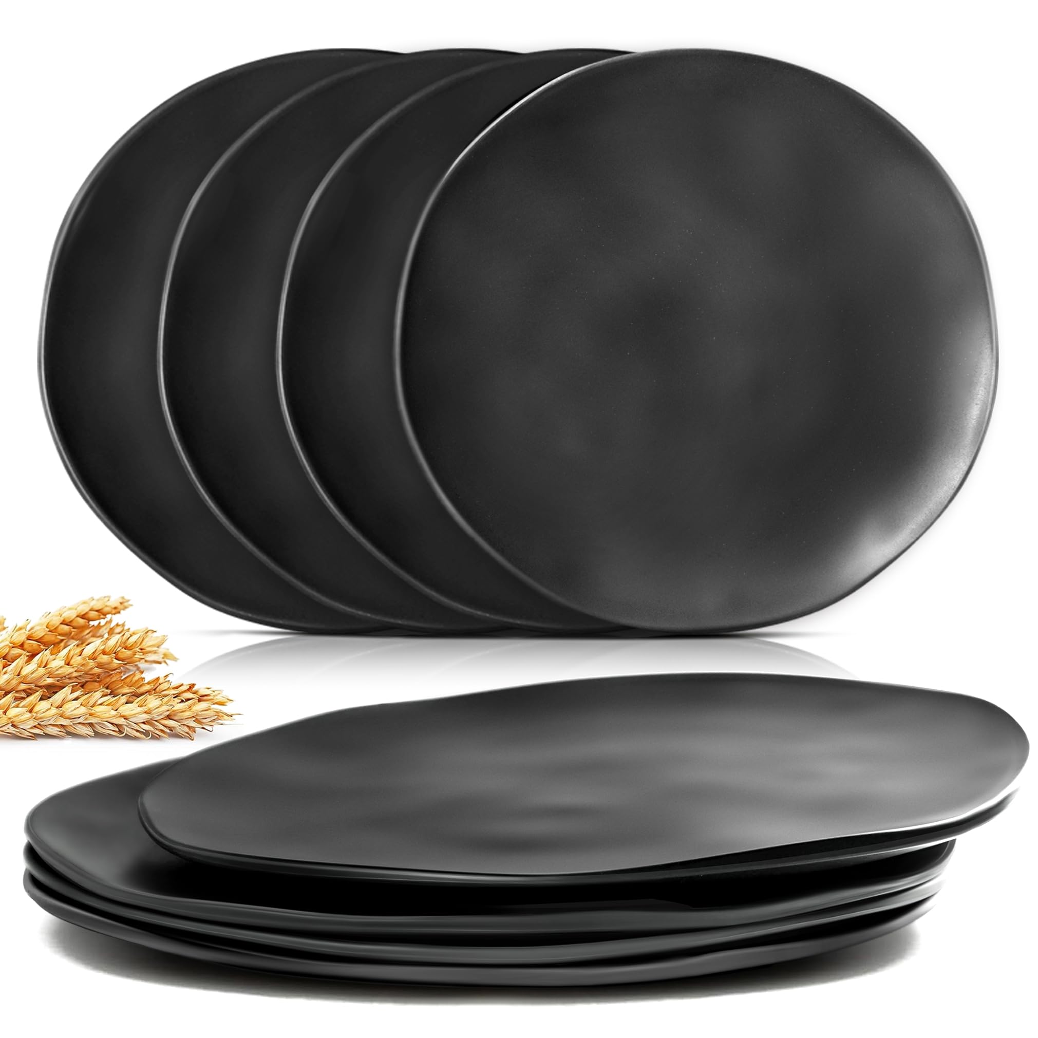 Teivio 8-Piece Irregular Large Plastic Wheat Straw Dinner Plate Set, 10.6'' Thick Round Kitchen Dinner Plates, Lightweight & Unbreakable Dinnerware Dishes Set for Fruit Snack Pizza Pasta, Black