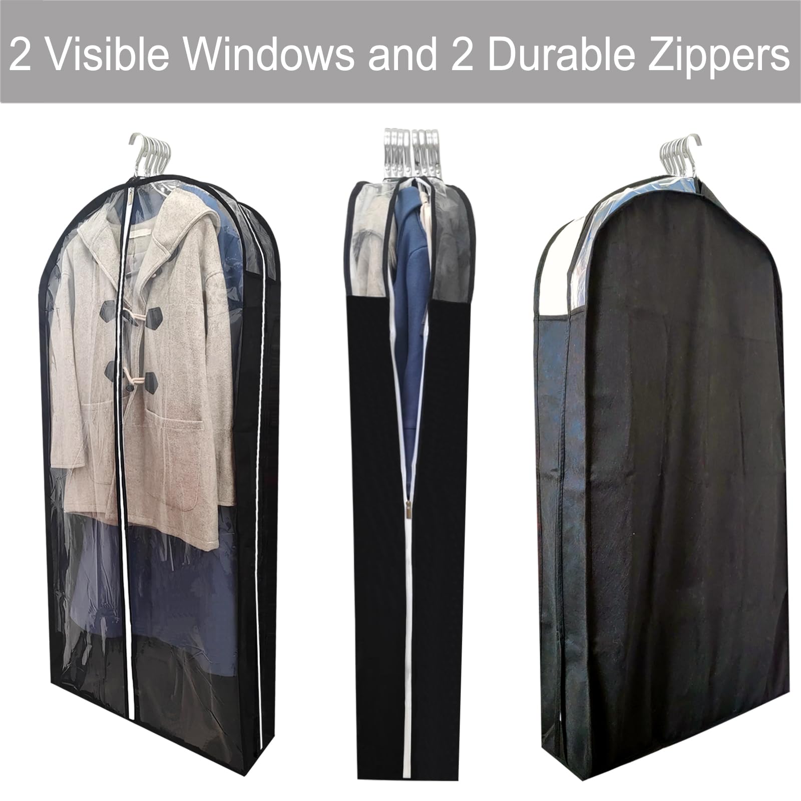 Dress Bags for Gowns Long with 6.3" Gusset, 50" Clear Moth Proof Garment Bags for Hanging Clothes, Dresses Covers and Side Zipper Protector for Storage, Overcoat, Trousers, Sweater, 3 Packs