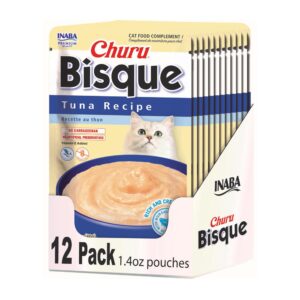 inaba churu bisque for cats, creamy lickable purée side dish with vitamin e, 1.4 ounces per pouch, 12 pouches, tuna recipe