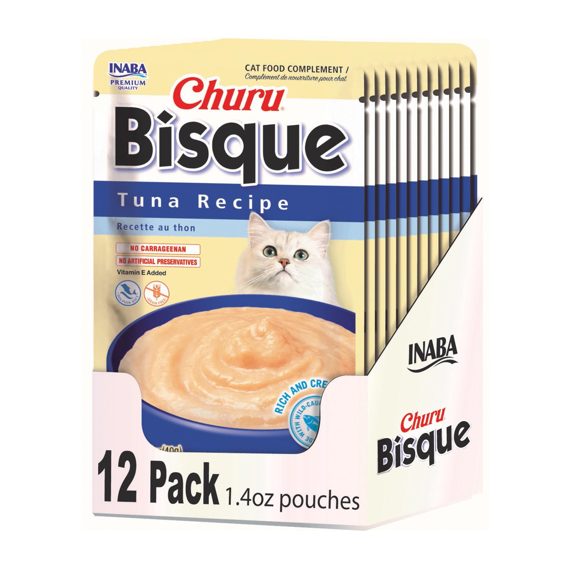 INABA Churu Bisque for Cats, Creamy Lickable Purée Side Dish with Vitamin E, 1.4 Ounces per Pouch, 12 Pouches, Tuna Recipe