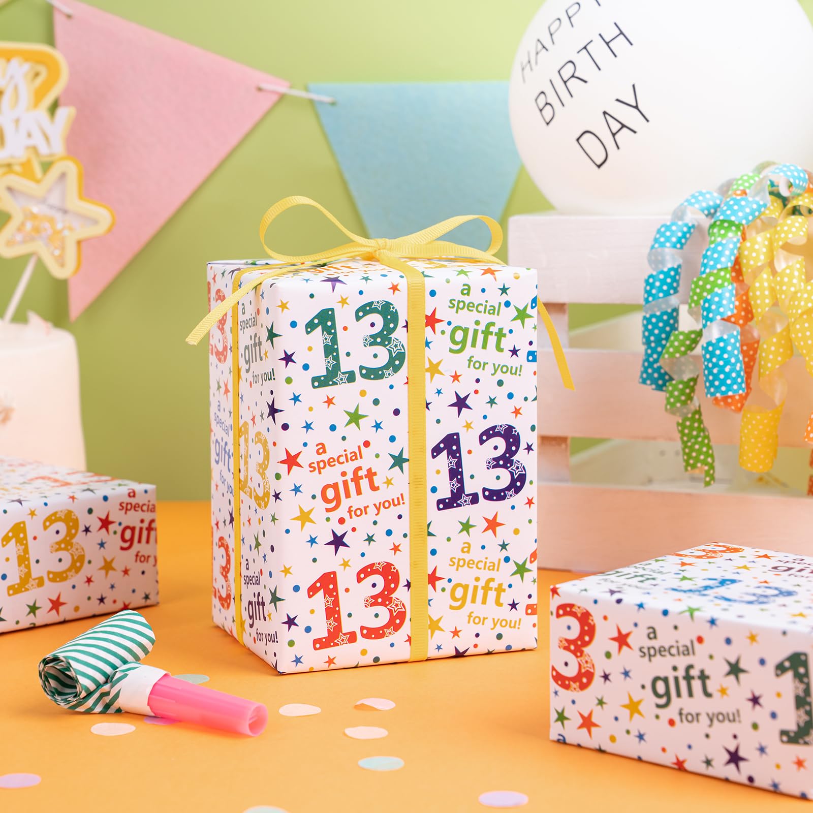 WRAPAHOLIC Birthday Wrapping Paper Sheet - 6 Sheets Colorful 13th Birthday Design Folded Flat for Birthday, Party, Baby Showers - 19.7 Inch X 27.5 Inch Per Sheet