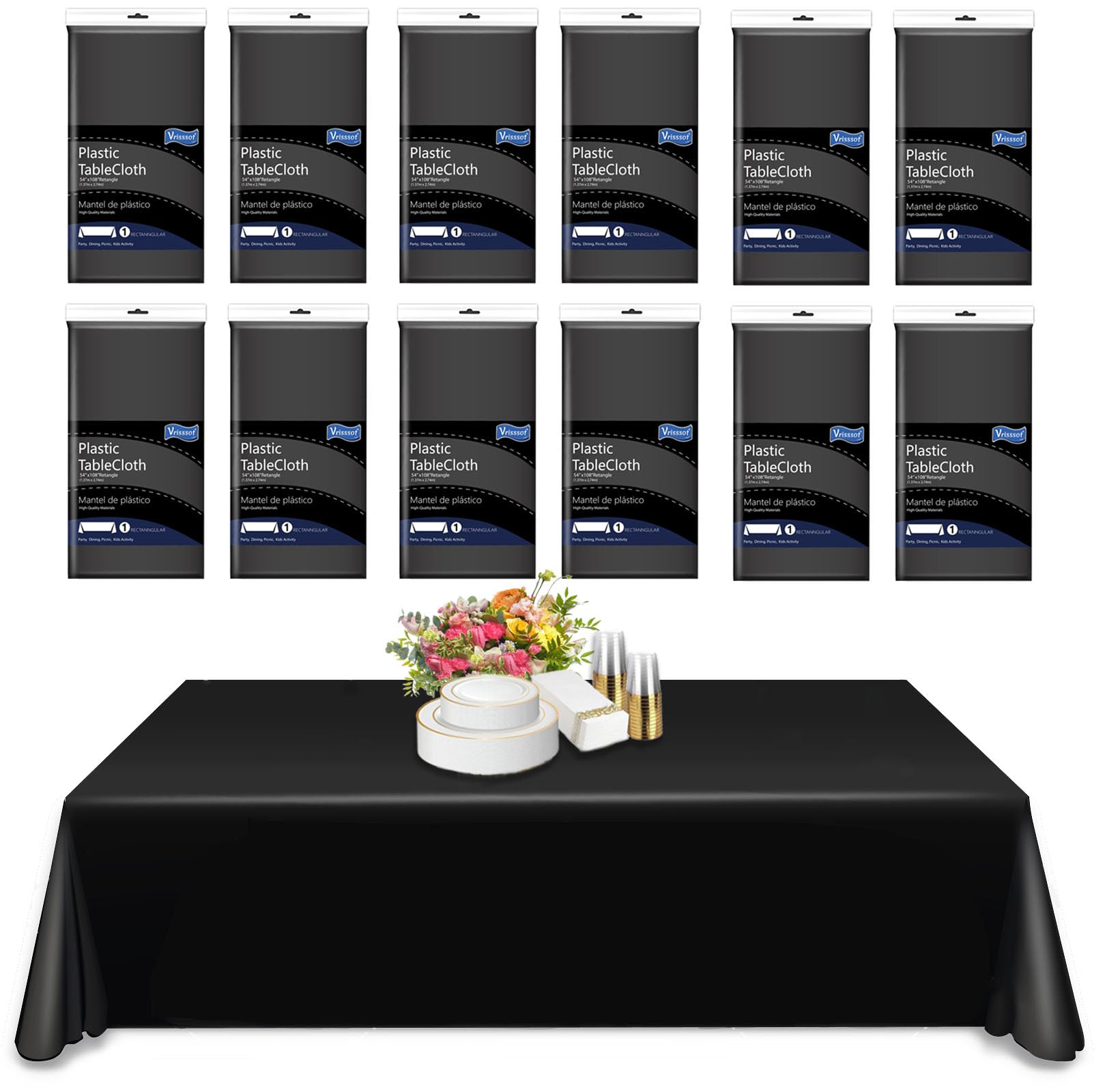 Vrisssot 12-Pack Black Plastic Tablecloth-54 x 108 in.Plastic Tablecloths for Rectangle Tables,Disposable Table Cloths for Parties,Banquet,Birthdays, Weddings.