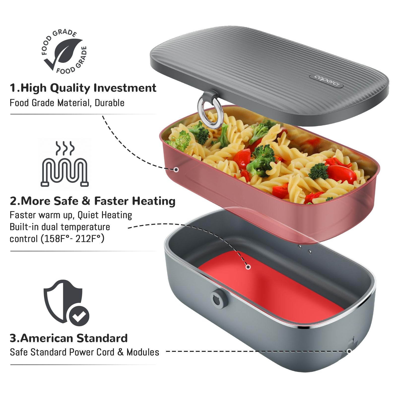 Caperci Electric Lunch Box Food Heater, 30 oz Portable Food Warmer - 110V Faster Leakproof Heated Lunch Boxes for Adults with Stainless Steel Container for Travel, Office, Home (Gray)