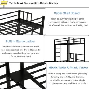 MERITLINE Triple Bunk Beds for 3, Metal Bunk Bed Twin Over Twin & Twin Size, Three Bed Bunk Beds for Kids, Teens,Can be Separated into 3 Twin Beds, Black