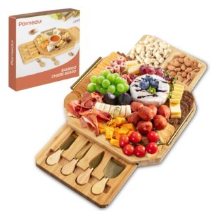 parmedu bamboo cheese board set: appetizer & cheese platter serving tray charcuterie board set with forks and knives & ergonomic metal handles & exquisite package - nice gift and choice for wedding