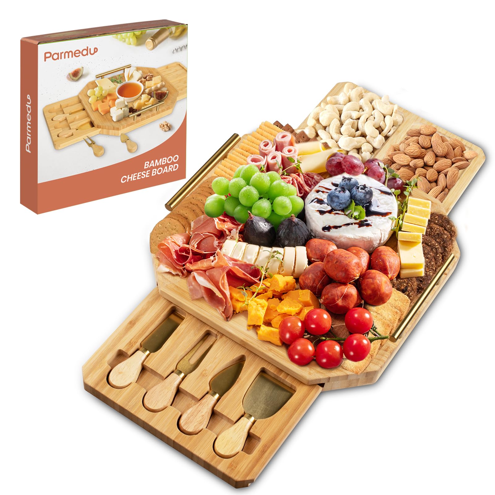 Parmedu Bamboo Cheese Board Set: Appetizer & Cheese Platter Serving Tray Charcuterie Board Set with Forks and Knives & Ergonomic Metal Handles & Exquisite Package - Nice Gift and Choice for Wedding